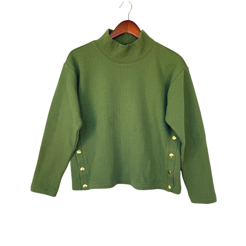 J.Crew Olive Green Quilted Herringbone Mock Neck Side Snap Sweatshirt M - Picture 3 of 7
